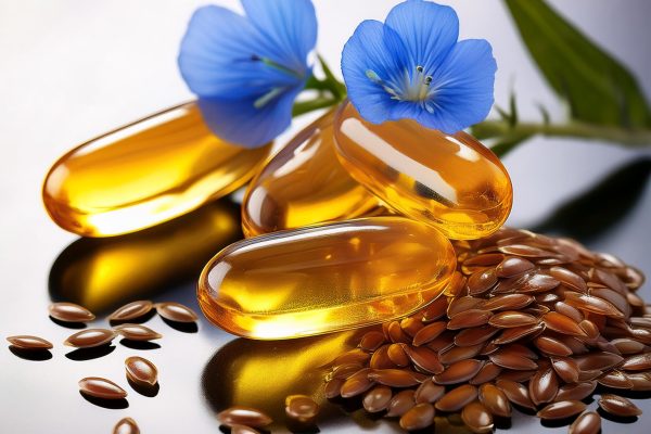 Firefly generate a image showing Omega 3 capsules and flax seed flower beside it 1504